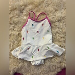 Ralph Lauren White Multi Pony 1 PC Swim/Bathing Suit W/Skirt Girls/SZ 9M